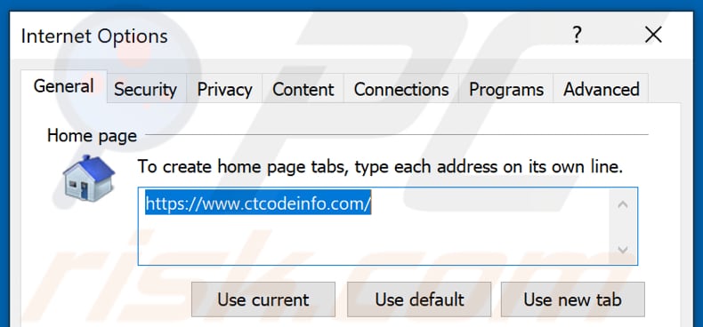 Suppression de ctcodeinfo.com de la page d'accueil d'Internet Explorer