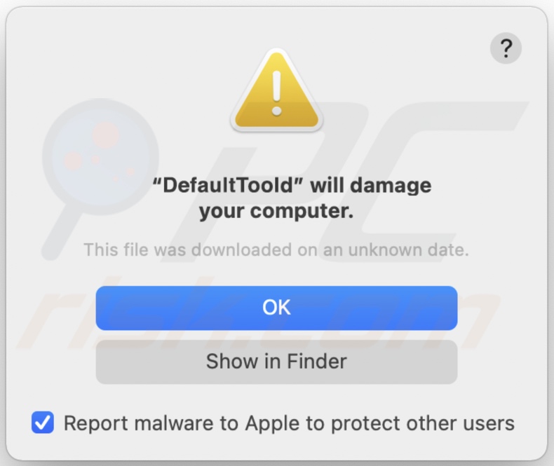 Pop-up affiché lorsque l'adware DefaultTool est installé