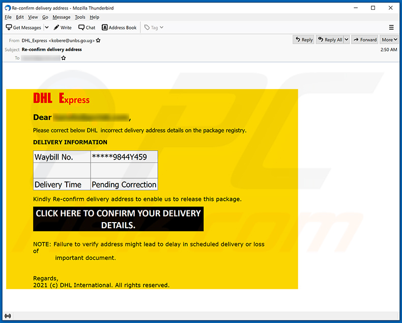 E-mail de spam sur le thème de DHL Express (2021-03-24)