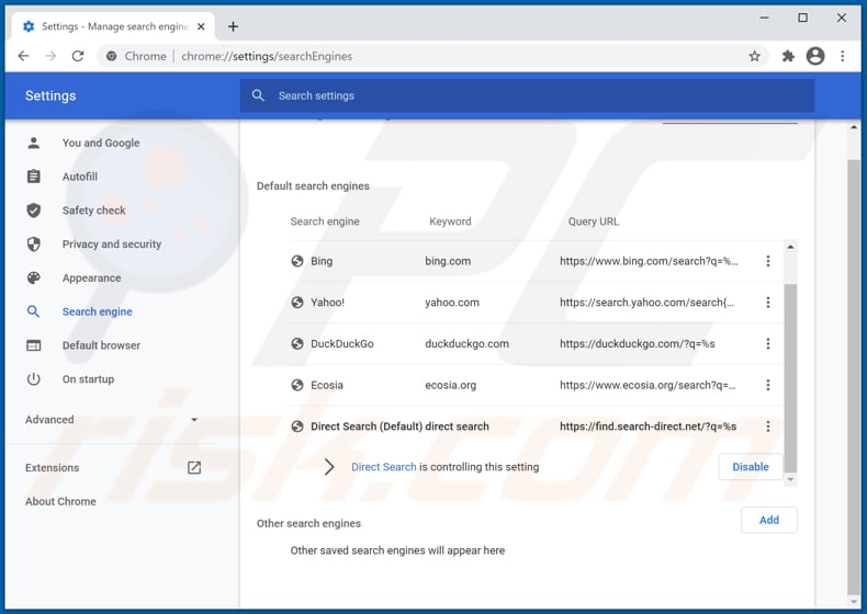 Suppression de search-direct.net du moteur de recherche par défaut de Google Chrome