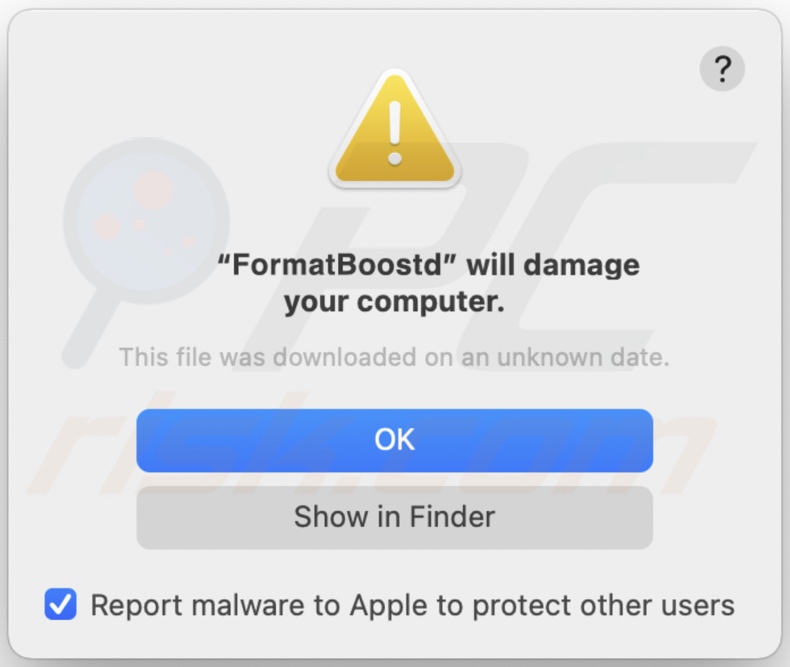 Pop-up affiché lorsque l'adware FormatBoost est présent