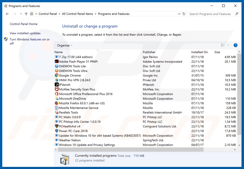 informistio[.]com adware uninstall via Control Panel