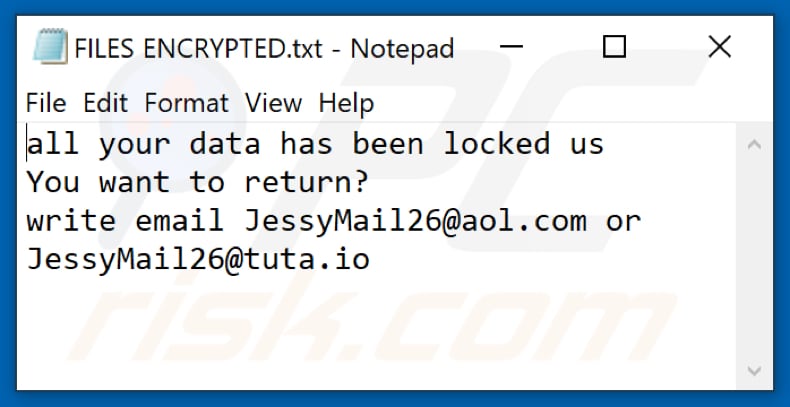 Fichier texte du rançongiciel Jessy (FILES ENCRYPTED.txt)