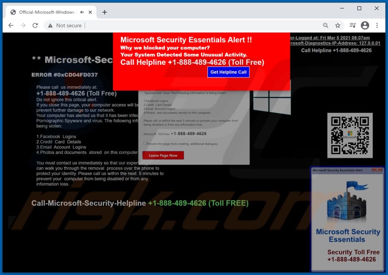 Arnaque Microsoft Security Essentials Alert