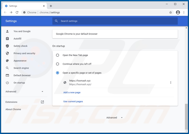 Supprimer fxsmash.xyz de la page d'accueil de Google Chrome
