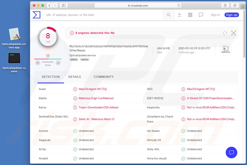 Détections de logiciels publicitaires OpticalUpdater sur VirusTotal