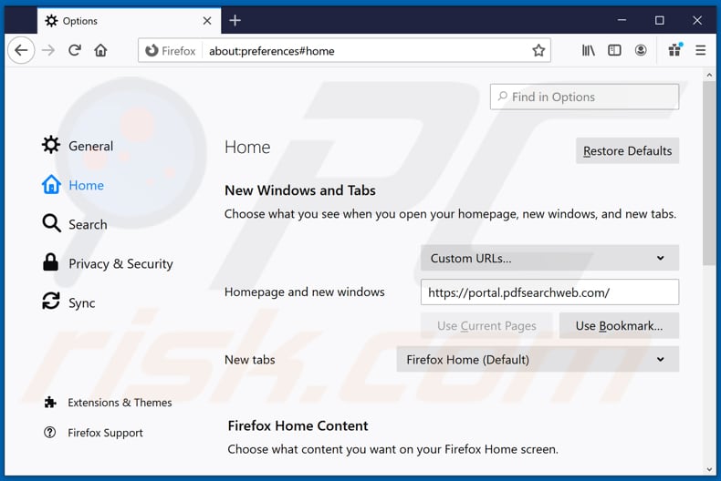 Suppression de pdfsearchweb.com de la page d'accueil de Mozilla Firefox