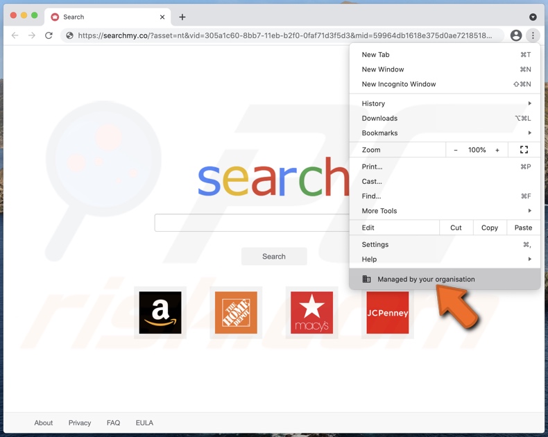 searchmy.co faisant la promotion d'un pirate de navigateur ajouté à la fonctionnalité Gérée par votre organisation dans Chrome