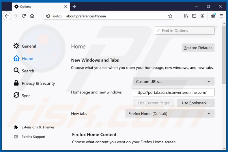 Suppression de searchconverteronline.com de la page d'accueil de Mozilla Firefox