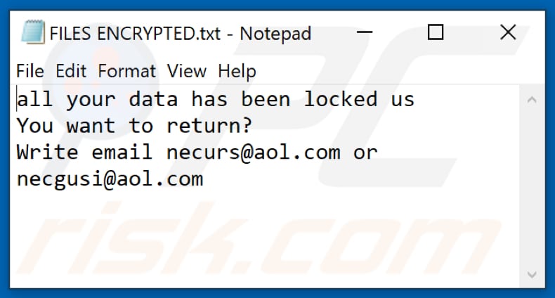 Fichier texte du ransomware Urs (FILES ENCRYPTED.txt)