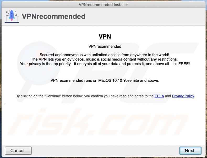 Programme d'installation trompeur utilisé pour promouvoir VPN recommandé (étape 2)
