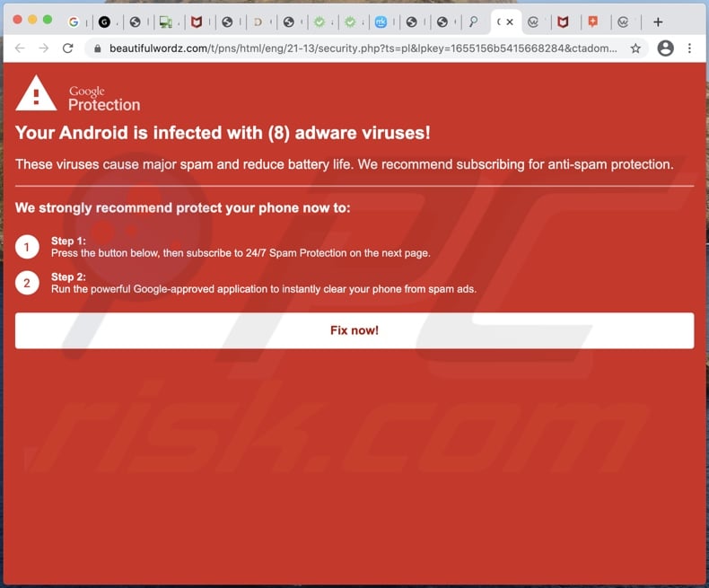 Votre Android est infecté par (8) virus publicitaires!  page d'arrière-plan de l'arnaque