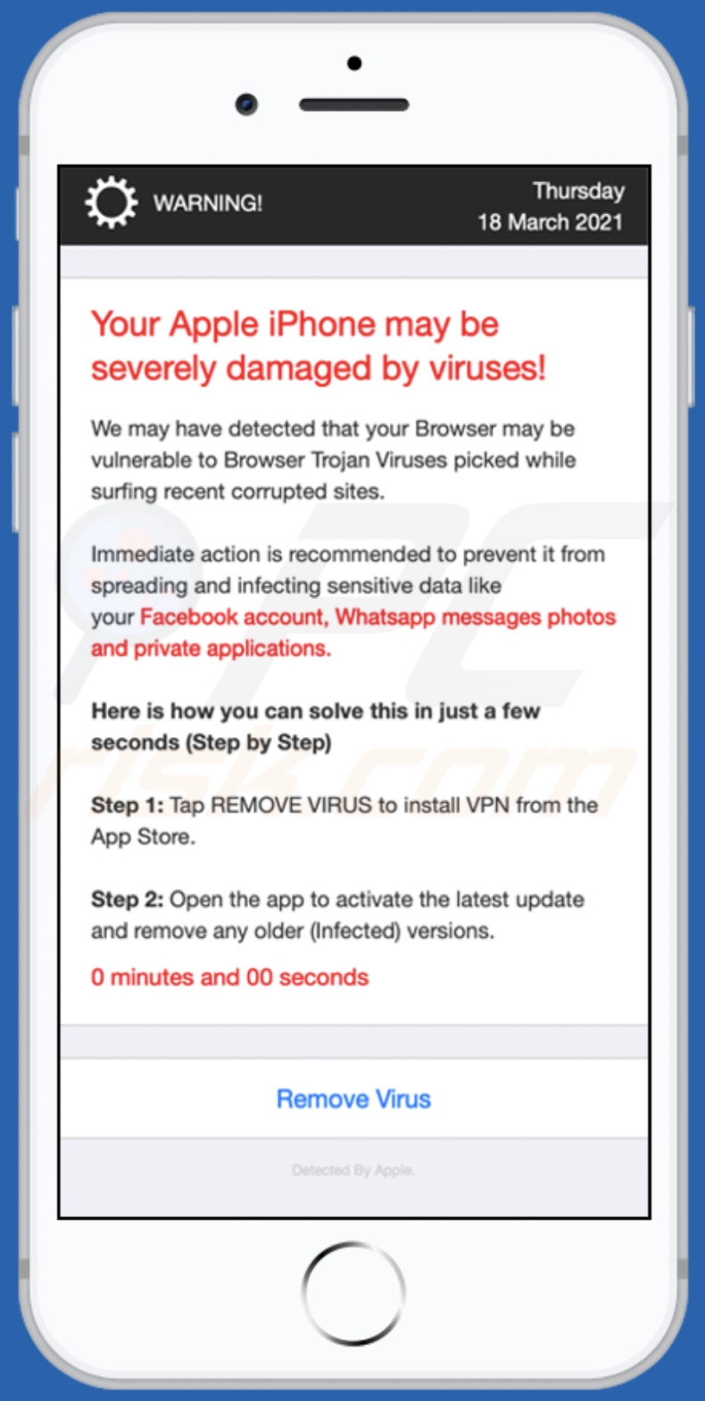 Votre Apple iPhone peut être gravement endommagé par des virus !  page d'arrière-plan d'arnaque