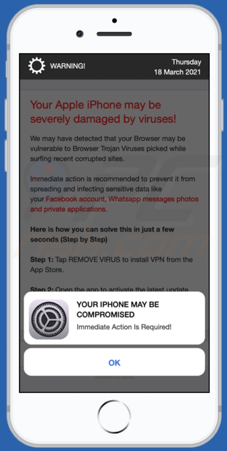 Votre Apple iPhone peut être gravement endommagé par des virus !  pop-up d'arnaque