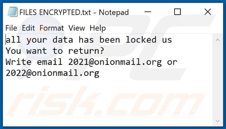 2122 fichier texte du ransomware (FILES ENCRYPTED.txt)