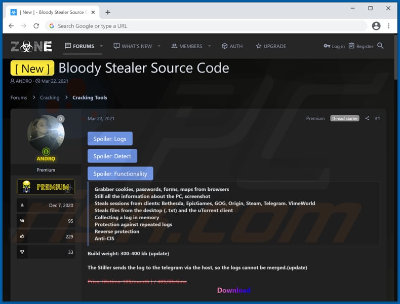 Bloody Stealer malware à vendre sur le forum des pirates