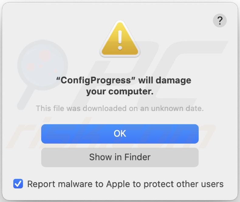 Pop-up affiché lorsque l'adware ConfigProgress est installé