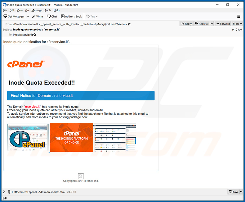 Spam sur le thème de cPanel (13/04/2021)