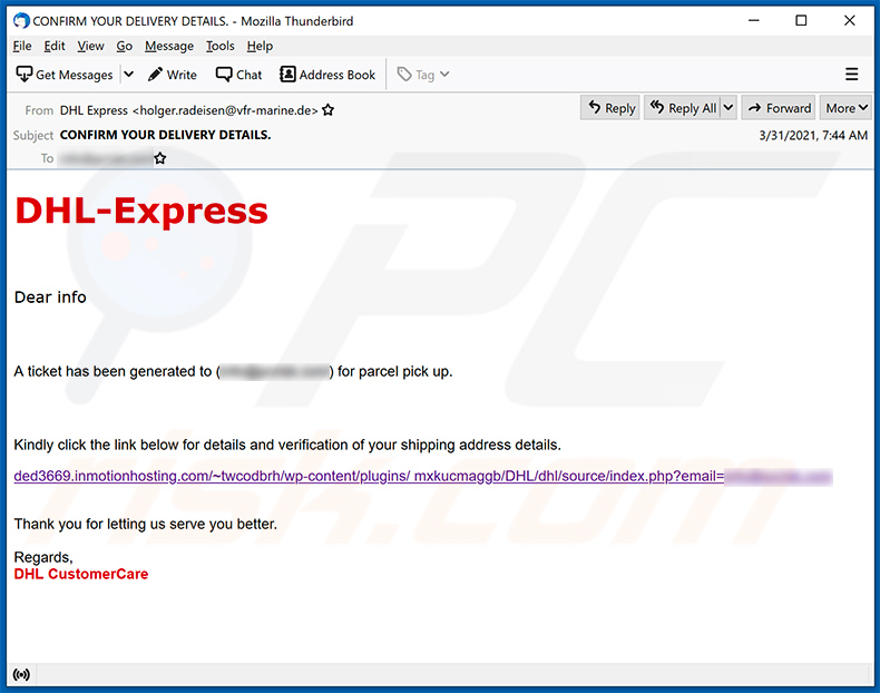 E-mail de spam sur le thème de DHL Express faisant la promotion d'un site Web de phishing (2021-04-01)