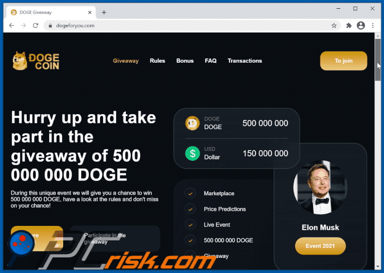 Site Web d'arnaque Doge sur le thème d'Elon Musk - dogeforyou.com (2021-04-20)