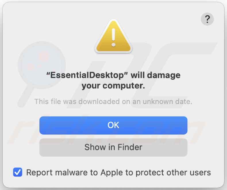 Pop-up affiché lorsque l'adware EssentialDesktop est installé