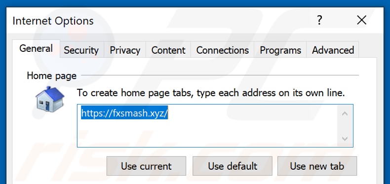 Suppression de fxsmash.xyz de la page d'accueil d'Internet Explorer