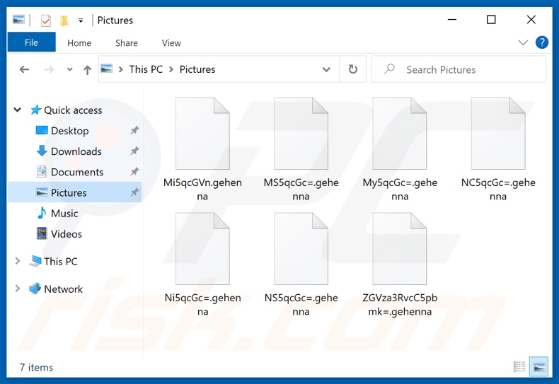 Fichiers cryptés par le ransomware GEHENNA LOCKER (nom de fichier aléatoire et extension .gehenna)