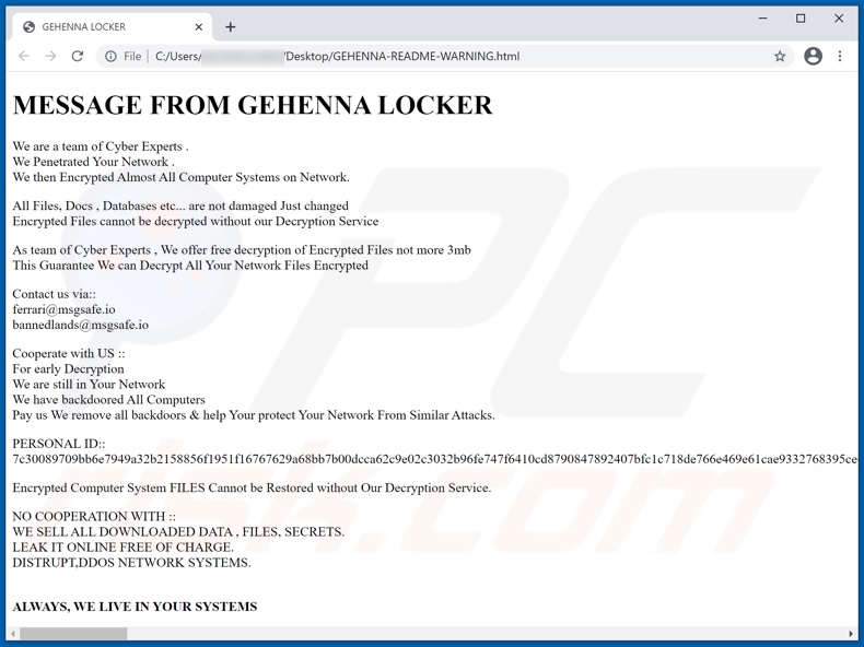 Instructions de déchiffrement de GEHENNA LOCKER (GEHENNA-README-WARNING.html)