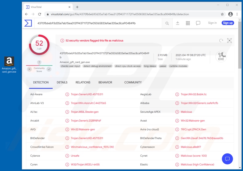 Détections de logiciels malveillants HackBoss sur VirusTotal