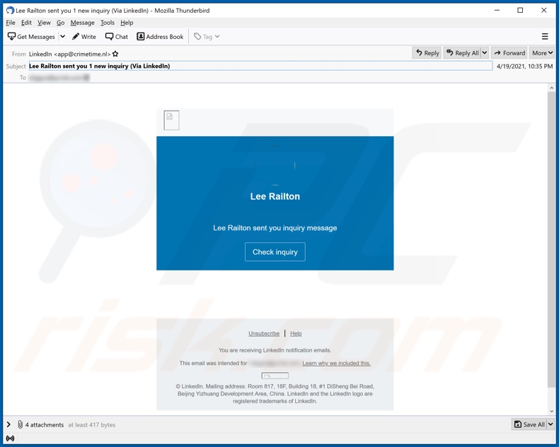 Campagne de spam par e-mail LinkedIn (sujet/titre - Lee Railton vous a envoyé 1 nouvelle demande (via LinkedIn))