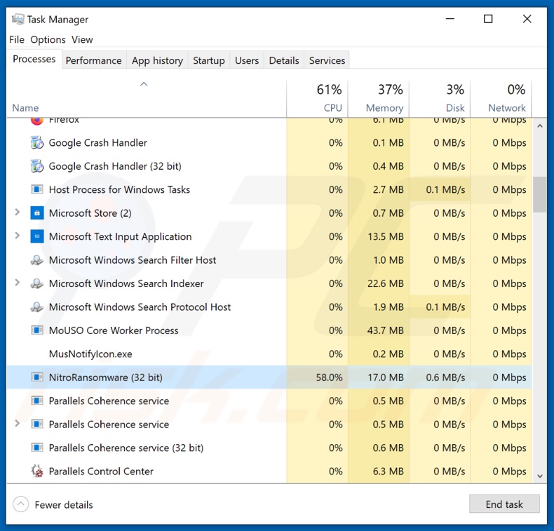 Processus de rançongiciel Nitro sur le gestionnaire de tâches (NitroRansomware - nom du processus)