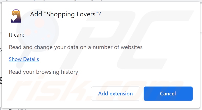 Adware Shopping Lovers demandant la permission de suivre les données