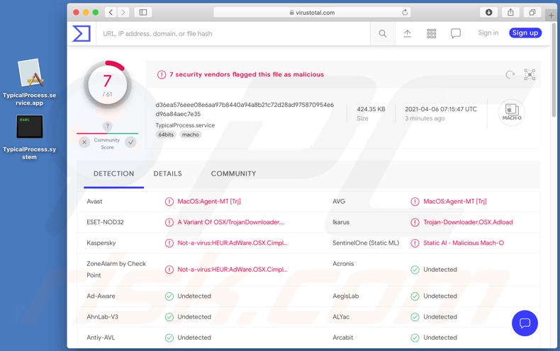 Détections de logiciels publicitaires typiques sur VirusTotal