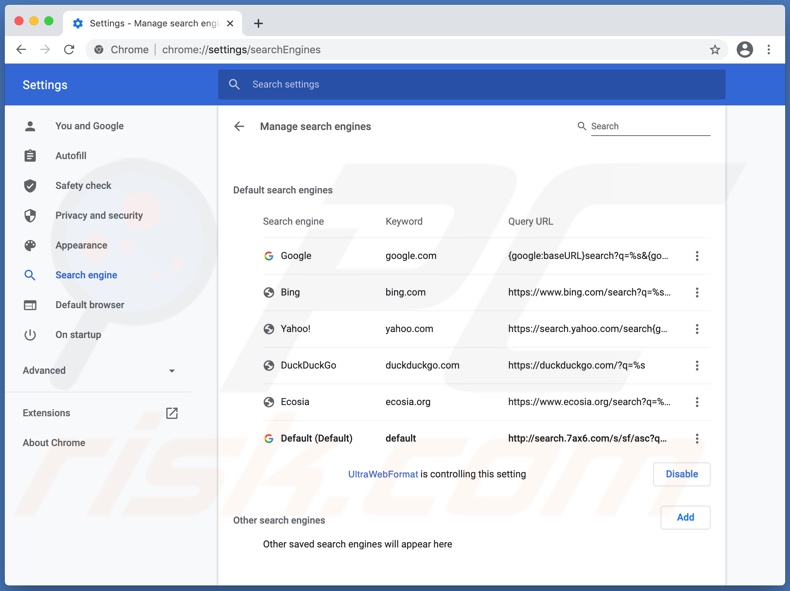 UltraWebFormat promu un faux moteur de recherche (search.7ax6.com) défini par défaut dans Chrome