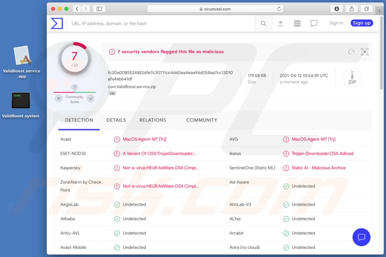 liste de détections virustotales d'adware validboost