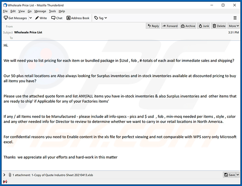 Spam diffusant Warzone RAT via le document MS Excel joint