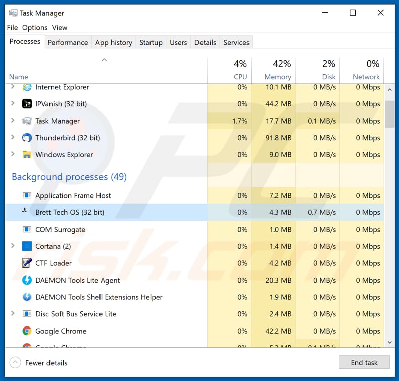 webmonitor rat s'exécutant dans le gestionnaire de tâches en tant que brett tech os