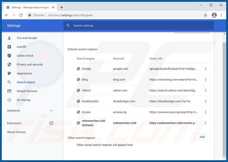 Suppression de websearches.club du moteur de recherche par défaut de Google Chrome