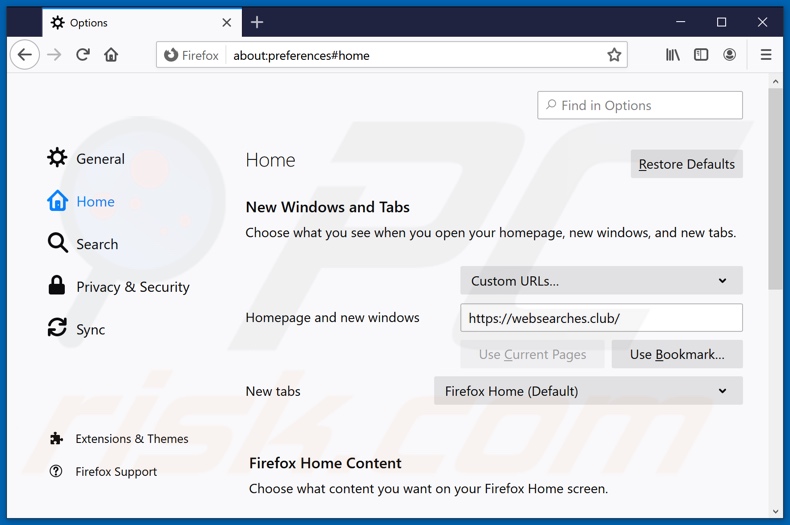 Suppression de websearches.club de la page d'accueil de Mozilla Firefox