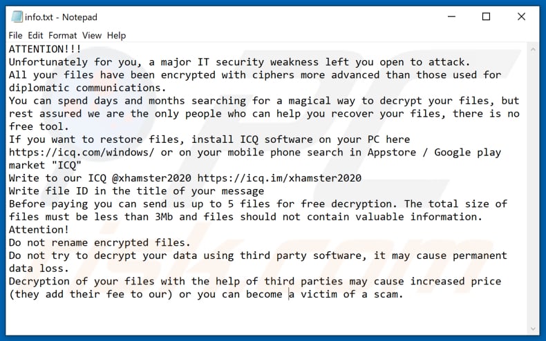 Fichier texte du rançongiciel XHAMSTER (info.hta)