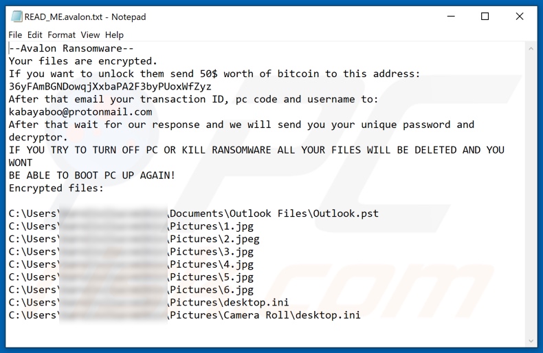 Fichier texte du ransomware Avalon (READ_ME.avalon.txt)
