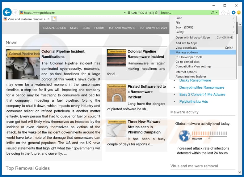 Suppression des publicités awesomenewspush[.]com d'Internet Explorer Étape 1