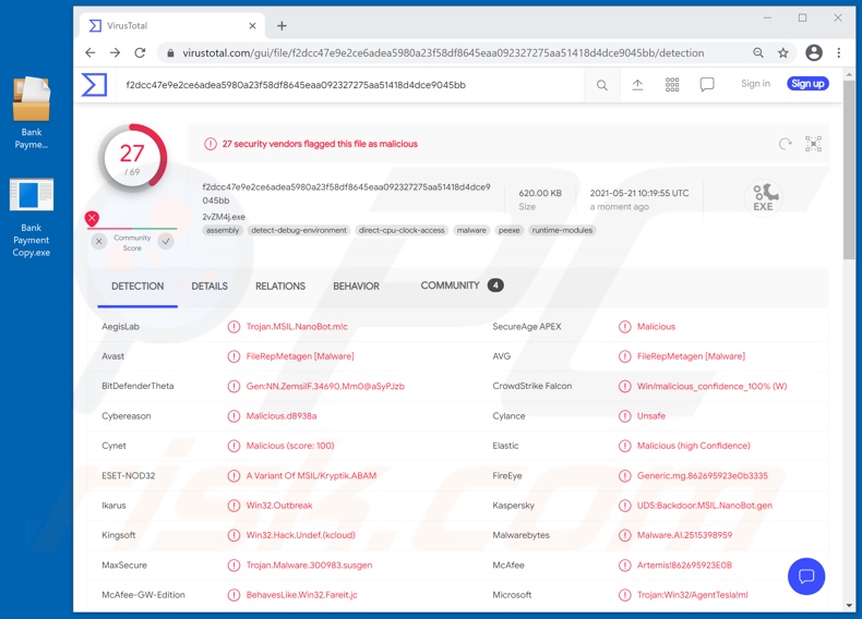 Détection des pièces jointes par le virus de la copie de paiement bancaire (nom du fichier Bank Payment Copy.exe)