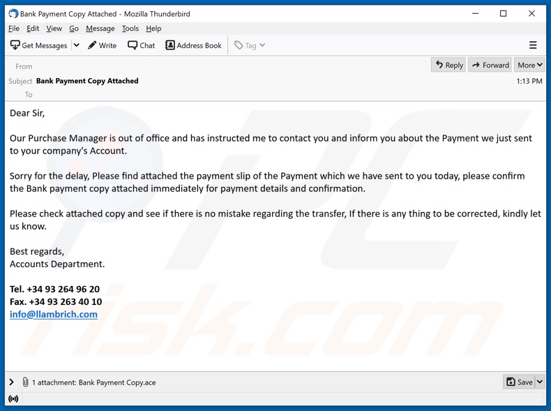 Campagne de spam par e-mail diffusant des logiciels malveillants Bank Payment Copy