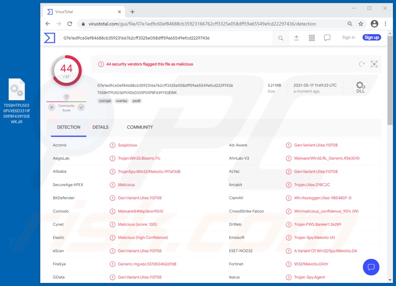 Détections de logiciels malveillants Bizarro sur VirusTotal