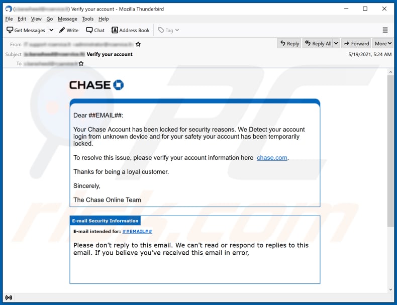 Le compte Chase a été verrouillé arnaque par e-mail campagne de spam par e-mail