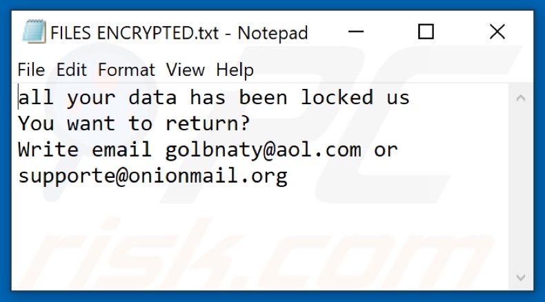 Fichier texte du ransomware Coms (FILES ENCRYPTED.txt)