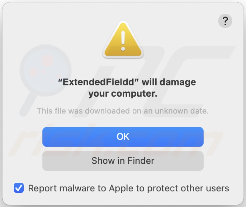 Pop-up affiché lorsque l'adware ExtendedField est installé sur le système