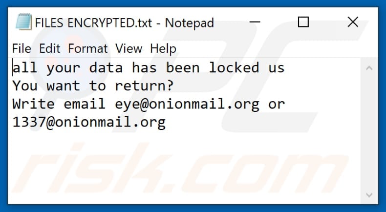 Fichier texte du ransomware Eye (FILES ENCRYPTED.txt)