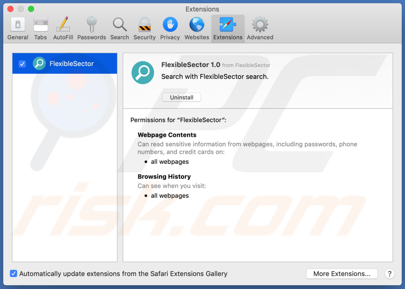 adware flexiblesector installé sur safari